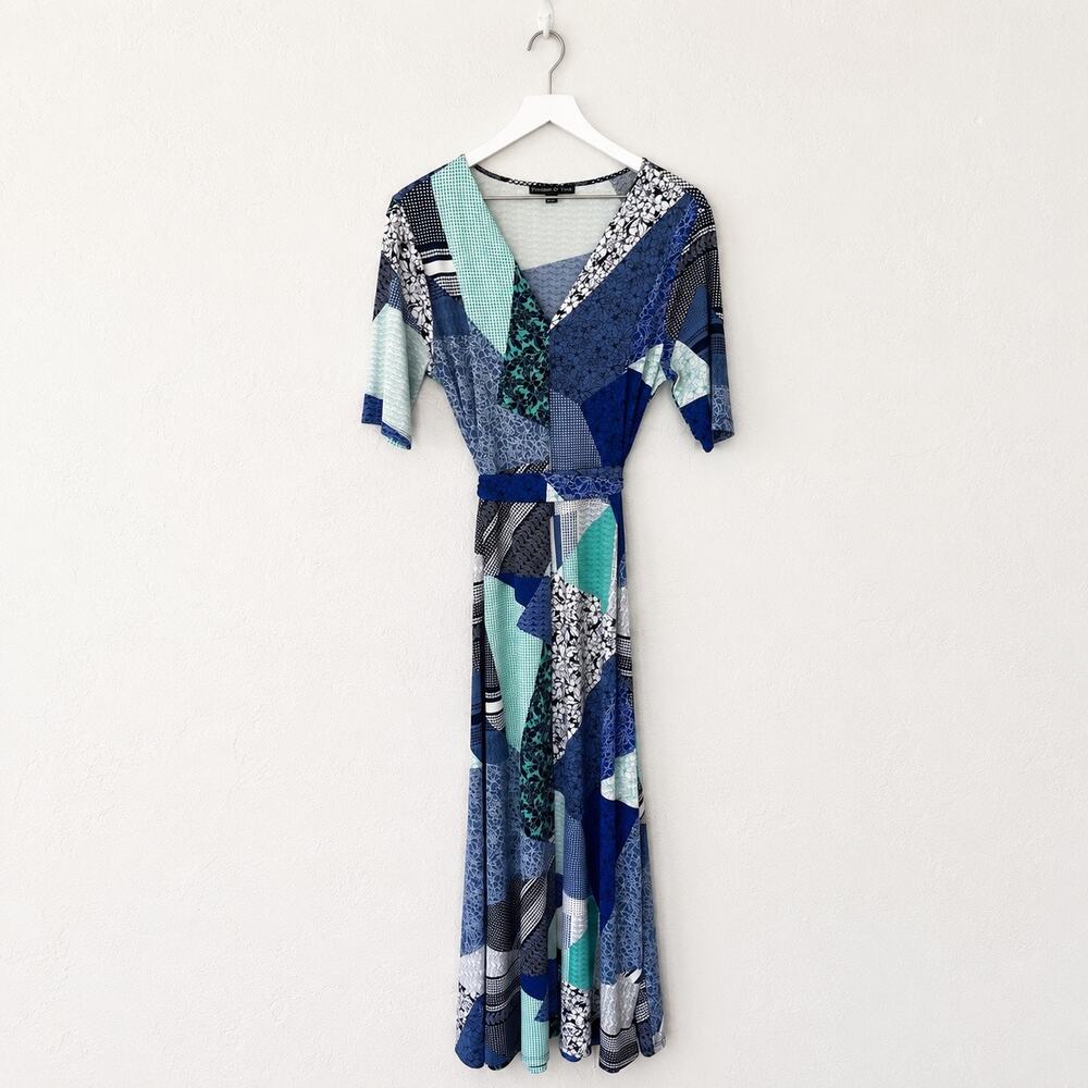 Preston & York Blue Patchwork Faux Wrap Midi Dress Size L Artsy Boho Belted